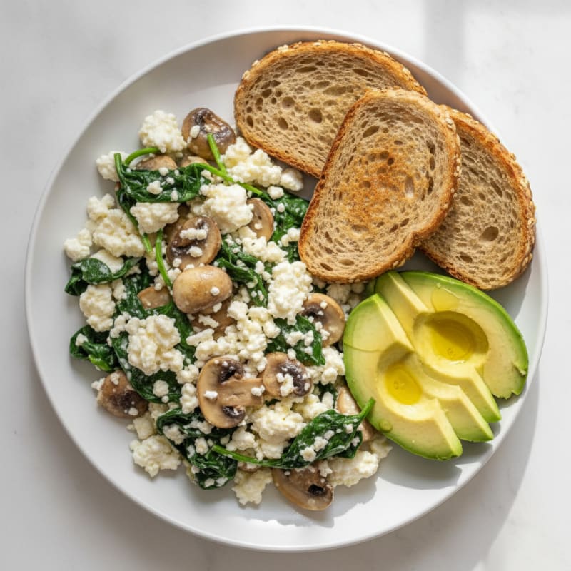 Cottage Cheese and Egg White Scramble with Spinach and Mushrooms