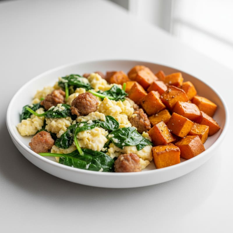 Egg White Spinach Scramble with Turkey Sausage and Roasted Sweet Potato