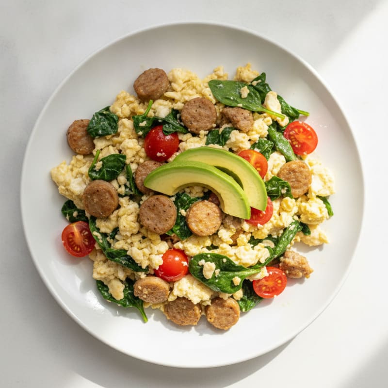 Egg White and Turkey Sausage Scramble with Spinach and Tomatoes
