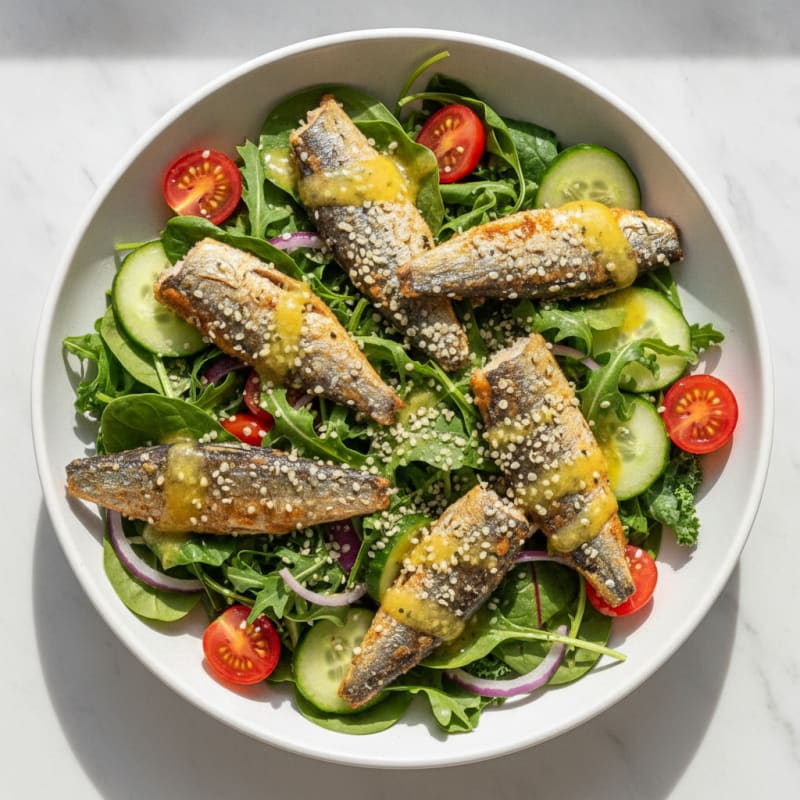 Crispy Sardine Salad Bowl with Mixed Greens
