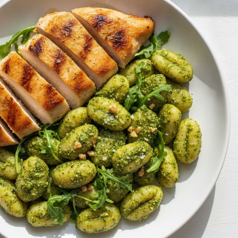 Gnocchi with Arugula Pesto and Grilled Chicken