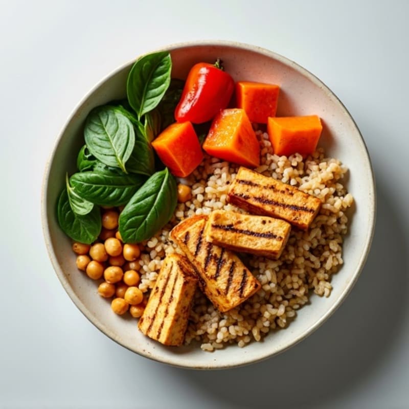 Grilled Tofu and Brown Rice Bowl with Roasted Vegetables