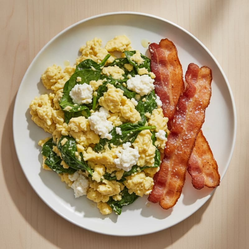 Cottage Cheese Egg Scramble with Spinach and Turkey Bacon