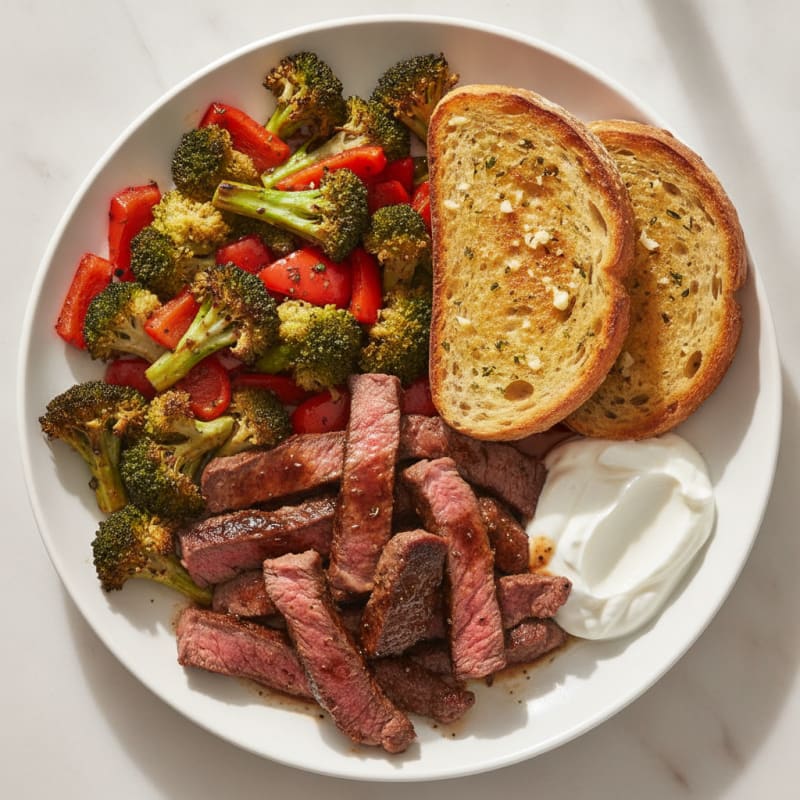 Seared Beef Strips with Roasted Vegetables and Garlic Bread