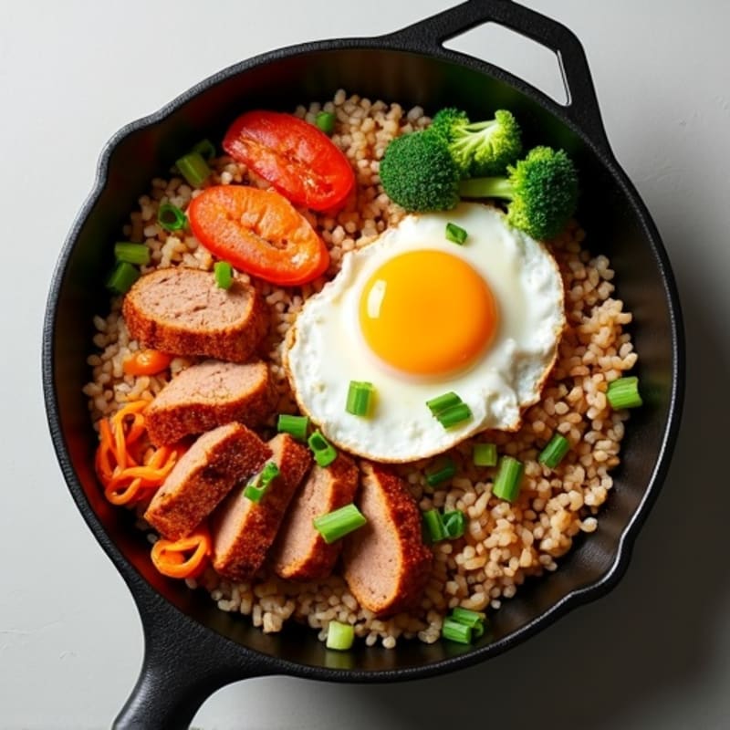 Kimchi Pork and Crispy Brown Rice Skillet