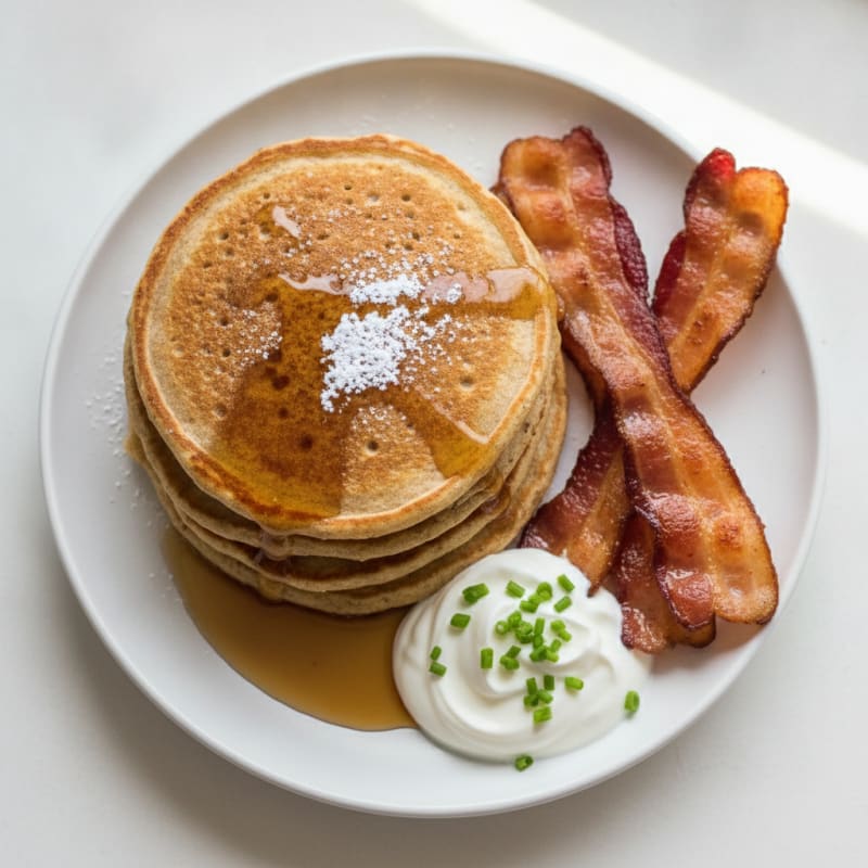 Fluffy Buttermilk-Style Oat Pancakes with Turkey Bacon