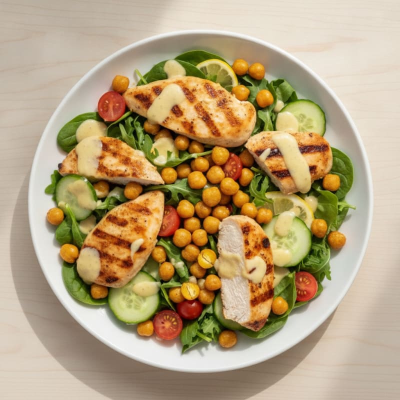 Grilled Chicken Breast Salad with Chickpeas and Lemon-Tahini Dressing