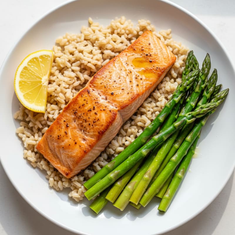 Seared Salmon with Steamed Asparagus and Brown Rice