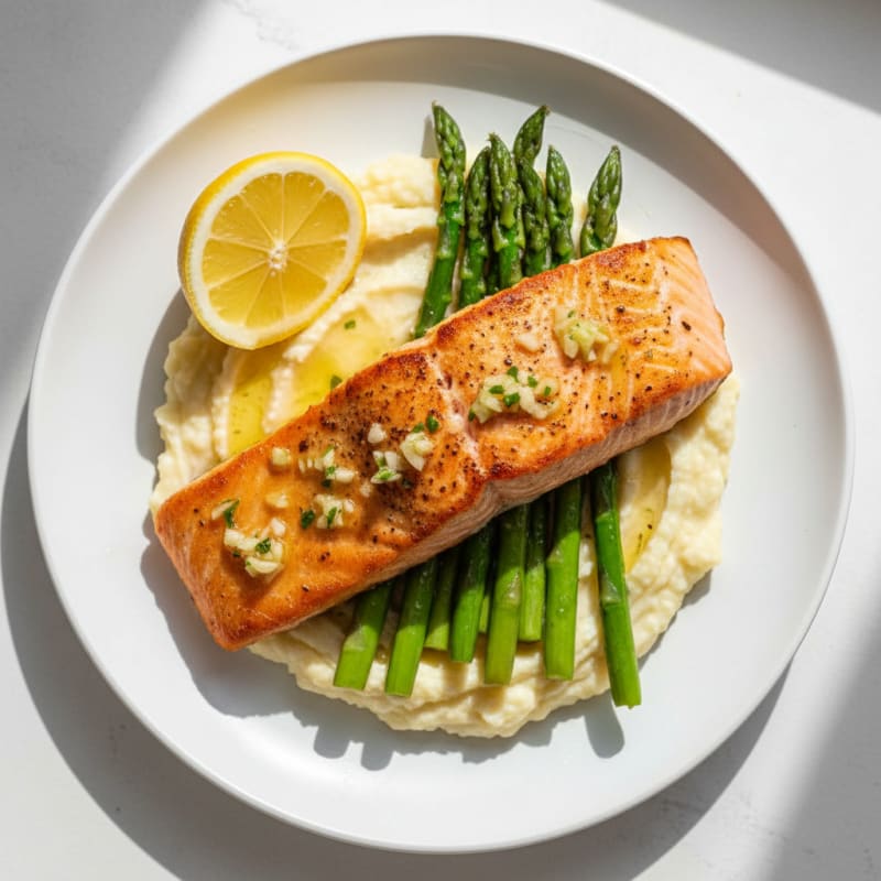 Seared Salmon with Steamed Asparagus and Cauliflower Mash