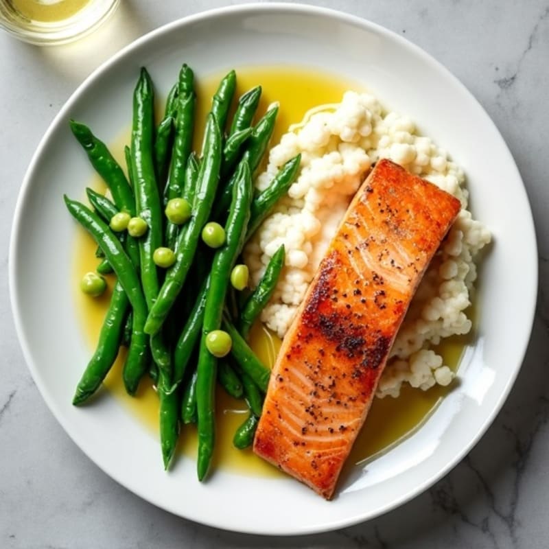 Seared Salmon with Steamed Green Beans and Garlic Cauliflower Mash