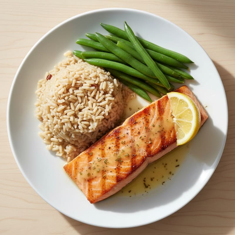 Seared Salmon with Steamed Green Beans and Brown Rice