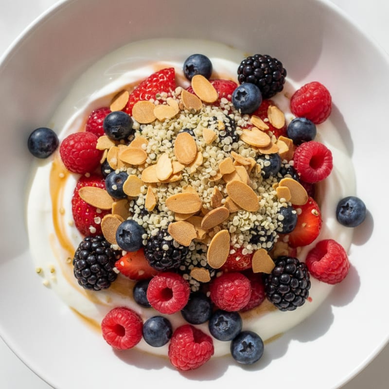 Greek Yogurt Protein Parfait with Mixed Berries and Almonds