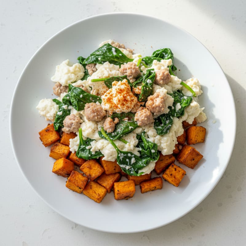 Egg White and Turkey Sausage Scramble with Spinach and Roasted Sweet Potatoes