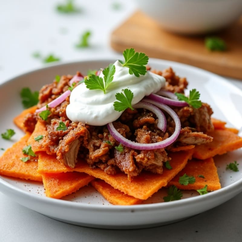 Crispy Sweet Potato Nachos with Smoky Pulled Pork