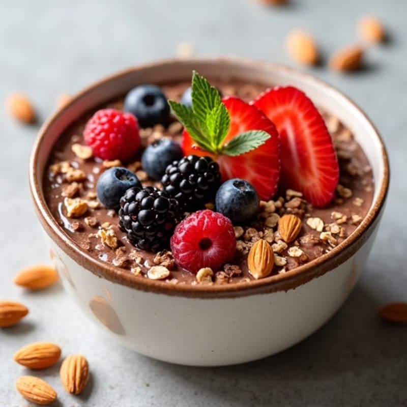 Hearty Chocolate Protein Oatmeal with Toasted Nuts and Berries