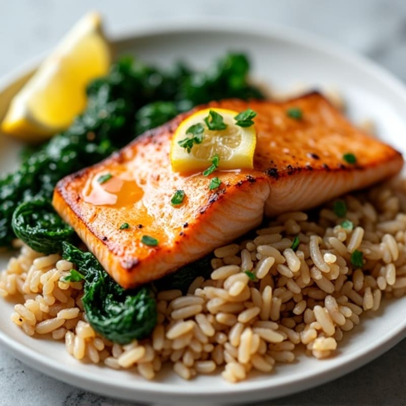 Seared Salmon with Garlic Spinach and Brown Rice