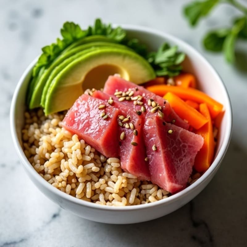 Fresh Tuna Brown Rice Bowl with Creamy Avocado and Crispy Vegetables