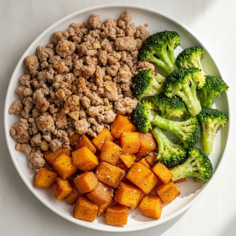 Ground Turkey with Roasted Sweet Potatoes and Broccoli