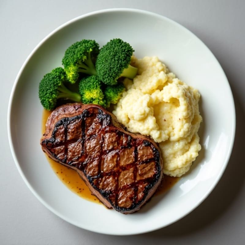 Seared Lean Beef with Steamed Broccoli and Cauliflower Mash