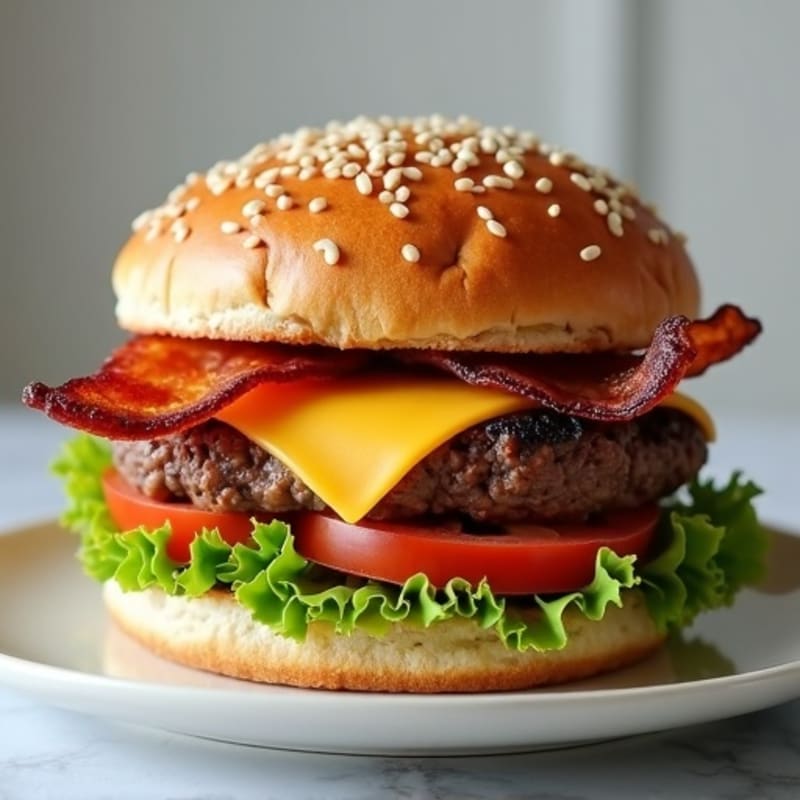 Lean Beef Burger with Crispy Bacon and Melted Cheddar