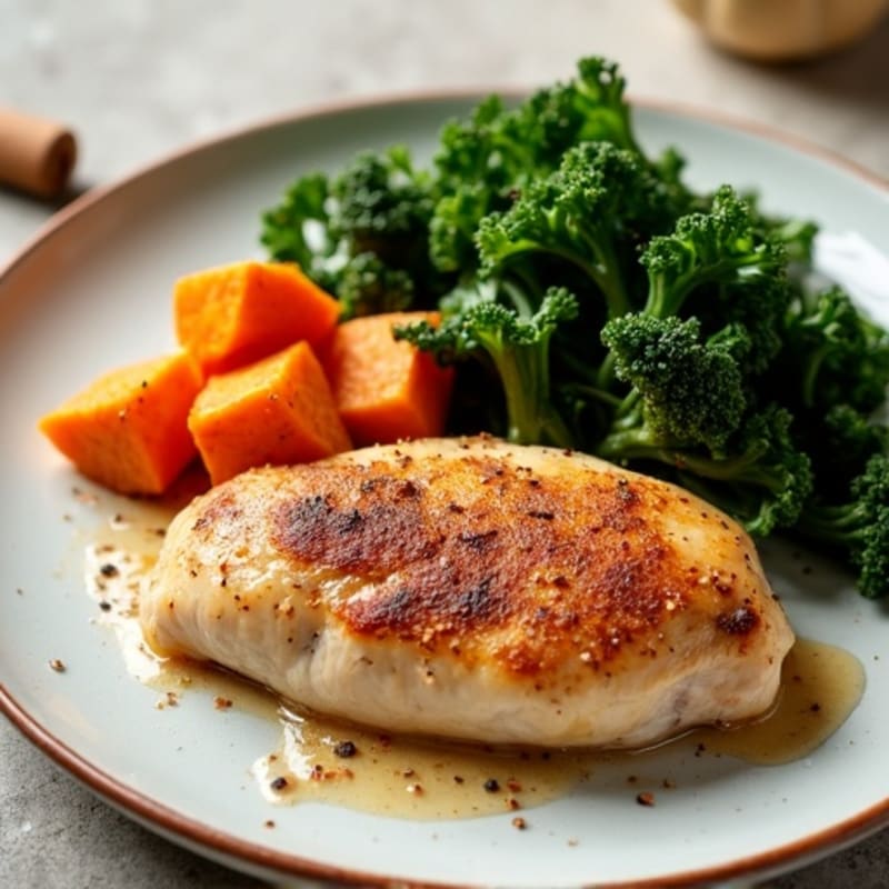 Baked Cinnamon-Spiced Chicken with Roasted Sweet Potatoes and Crispy Greens