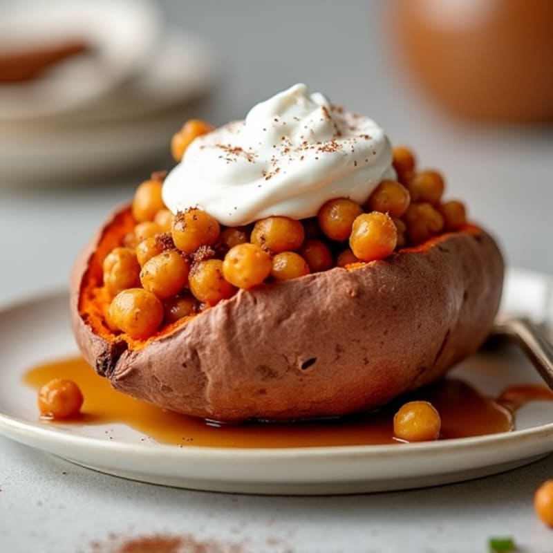 Cinnamon-Maple Stuffed Sweet Potato with Spiced Chickpeas