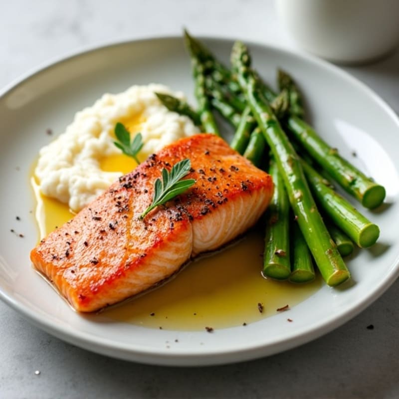 Seared Salmon with Steamed Asparagus and Cauliflower Mash