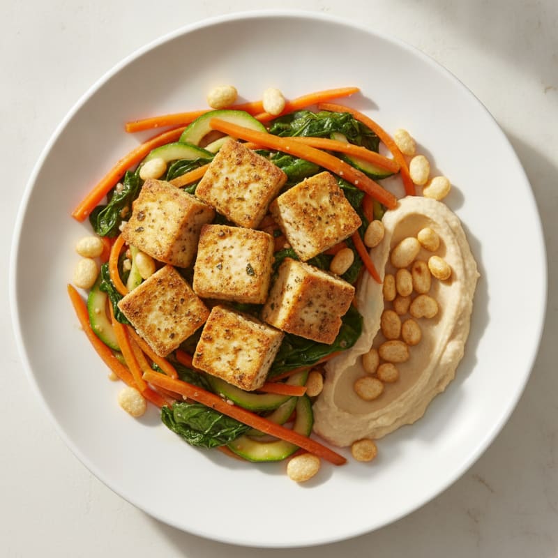 Herb-Roasted Tofu with Carrot Zucchini Stir-Fry and Hummus