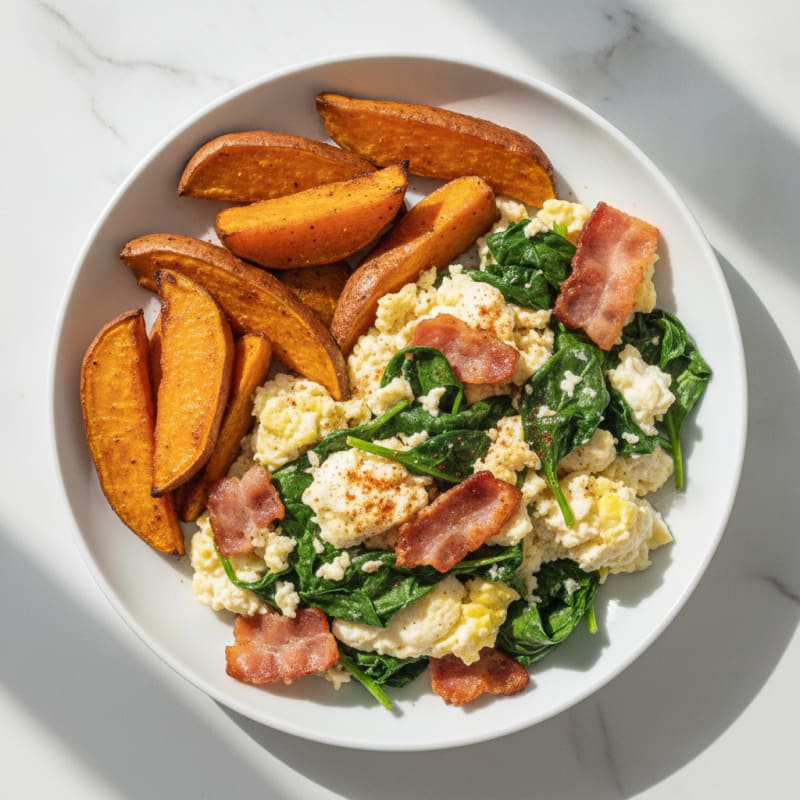 Crispy Turkey Bacon and Egg White Scramble with Sautéed Spinach and Sweet Potato