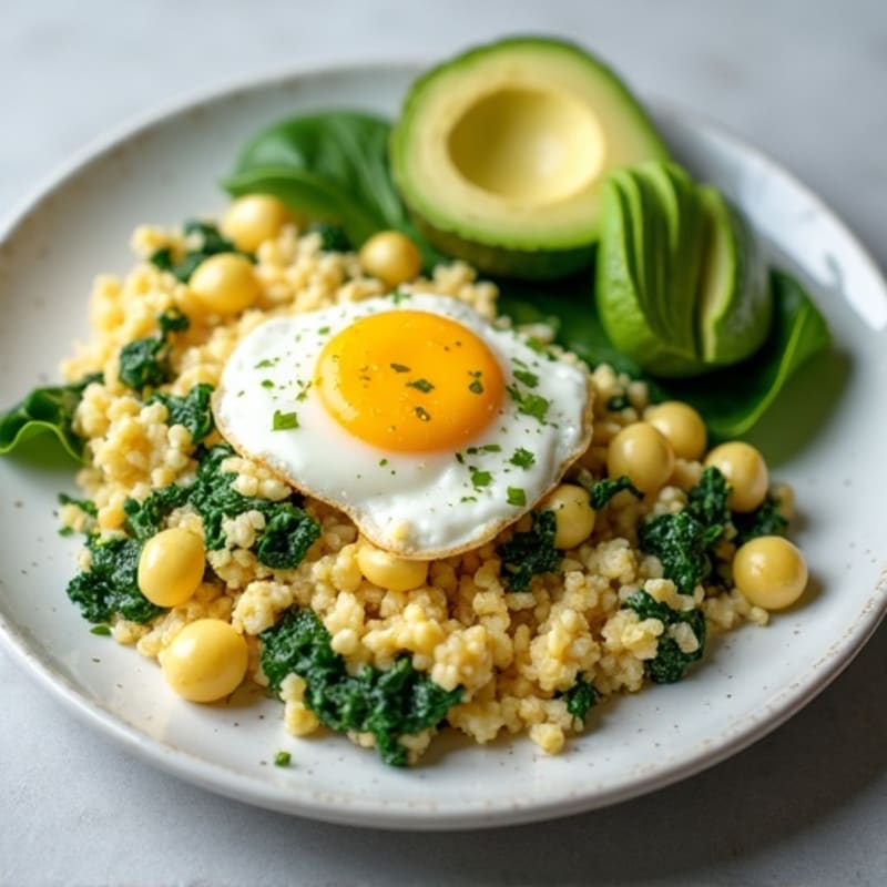Cottage Cheese and Spinach Egg Scramble with Sliced Avocado