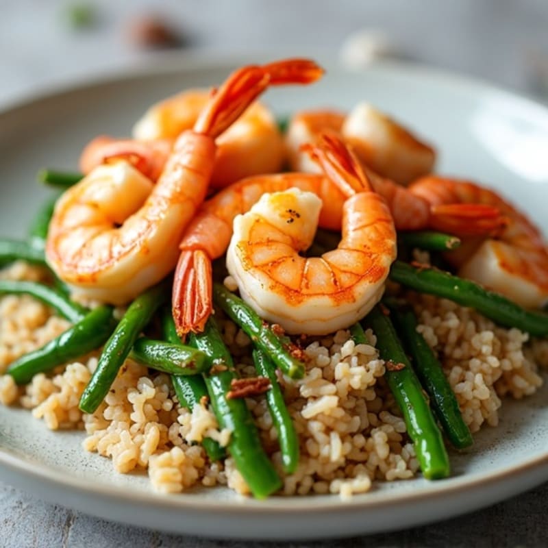 Garlic Shrimp with Fluffy Brown Rice and Roasted Green Beans