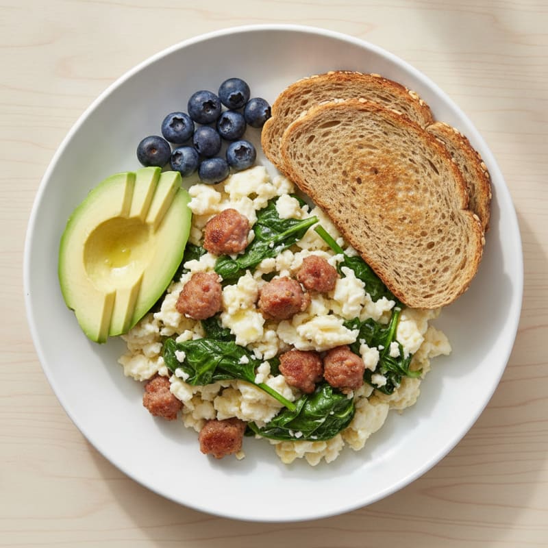 Egg White Scramble with Turkey Sausage and Spinach