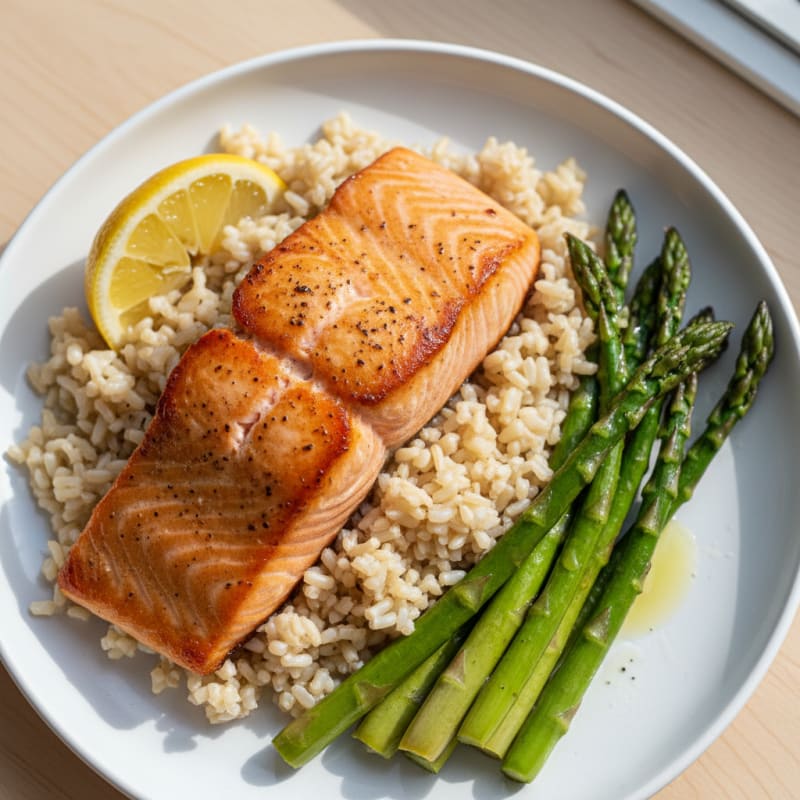 Seared Salmon with Steamed Brown Rice and Asparagus