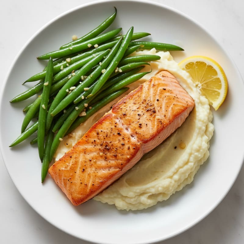 Seared Salmon with Garlic Green Beans and Cauliflower Mash