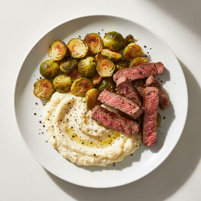 Seared Lean Beef Strips with Roasted Brussels Sprouts and Cauliflower Mash