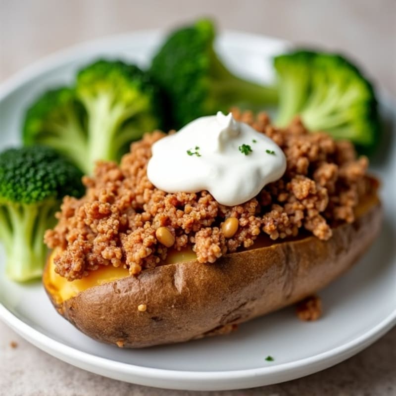 Crispy Baked Potato with Lean Ground Turkey, Steamed Broccoli, and Creamy Greek Yogurt