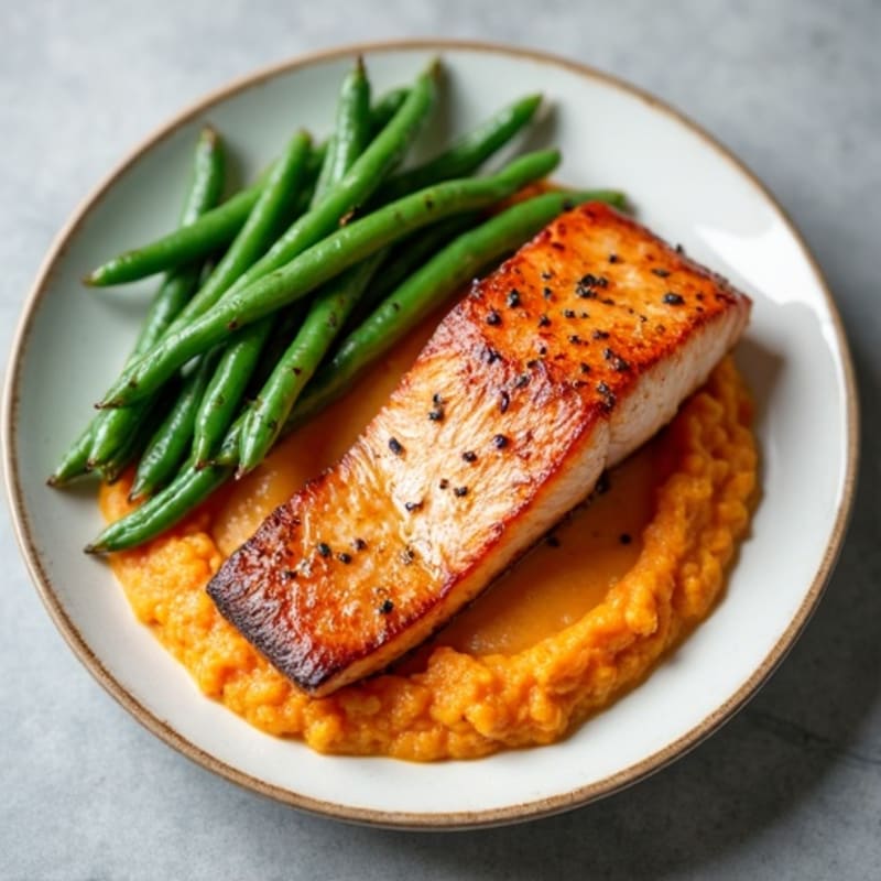 Seared Salmon with Garlic Green Beans and Sweet Potato Mash