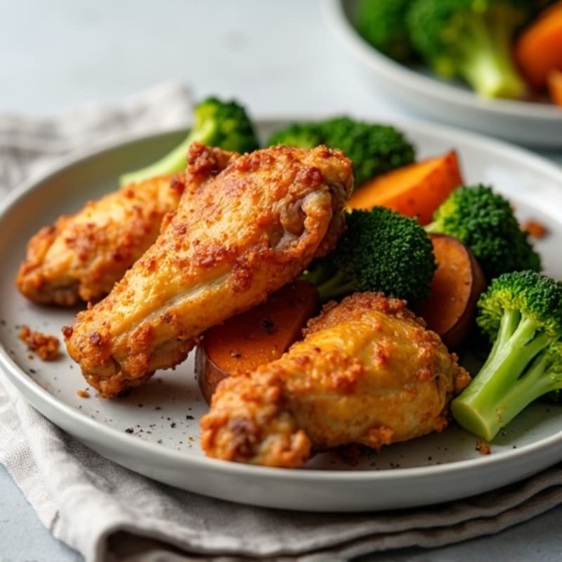 Crispy Baked Chicken Wings with Roasted Broccoli and Sweet Potato