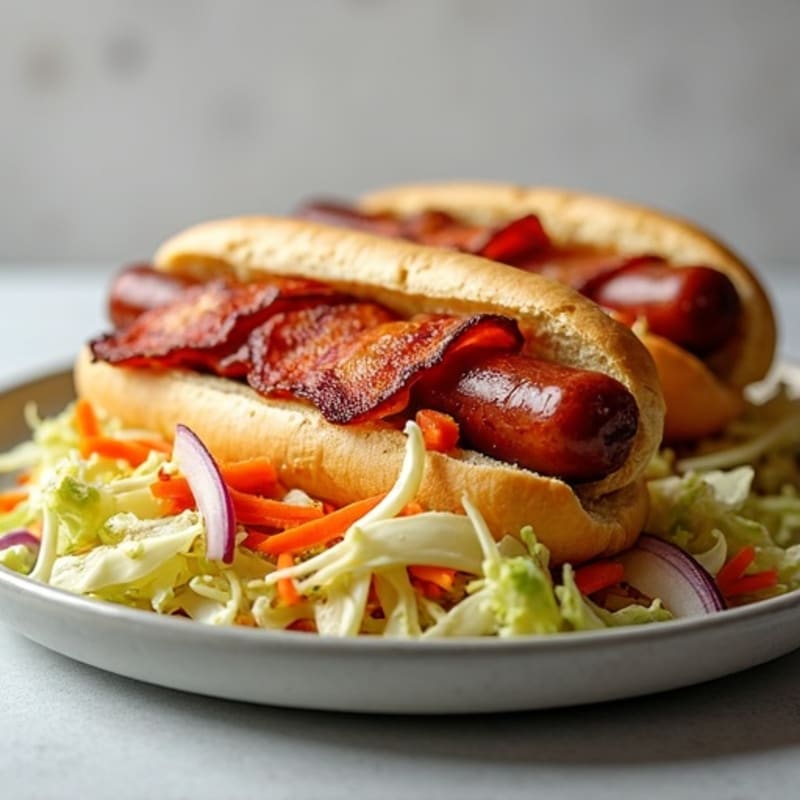 Lean Turkey Dogs with Turkey Bacon and Fresh Slaw
