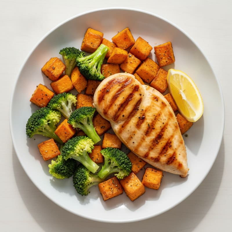 Grilled Chicken Breast with Roasted Sweet Potatoes and Steamed Broccoli