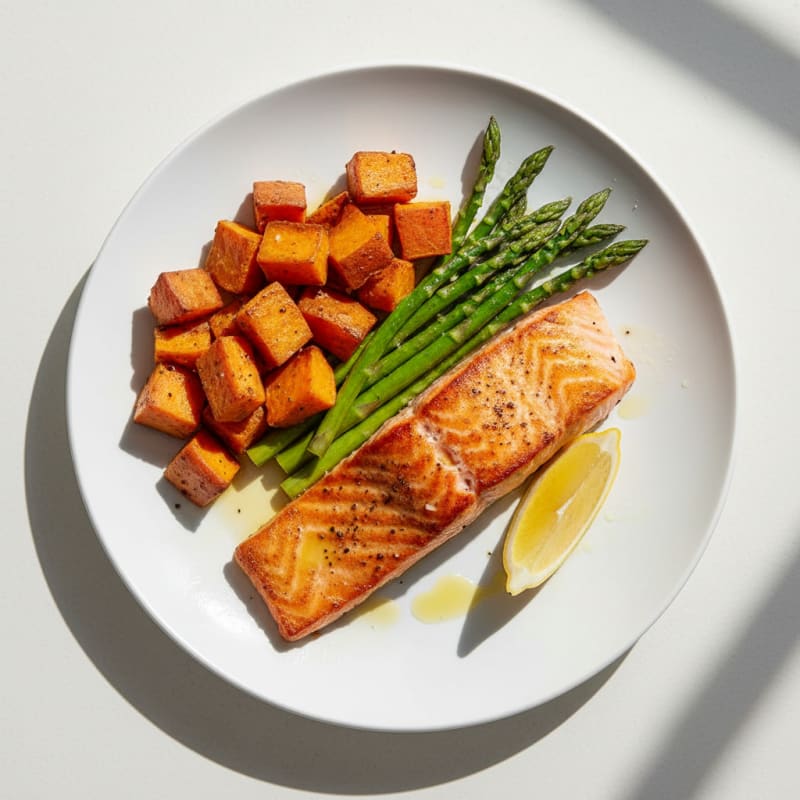 Seared Salmon with Roasted Sweet Potato and Asparagus