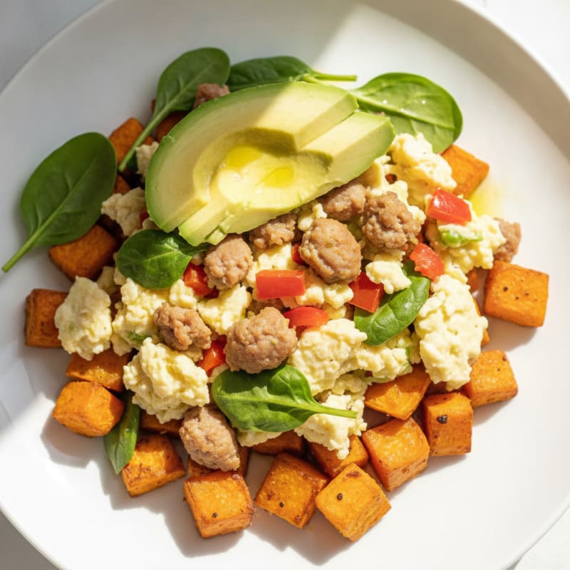 Egg White Scramble with Turkey Sausage and Roasted Sweet Potato
