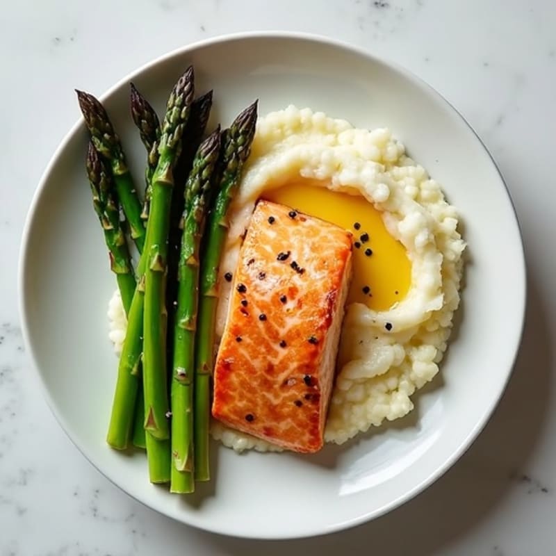 Seared Salmon with Steamed Asparagus and Cauliflower Mash