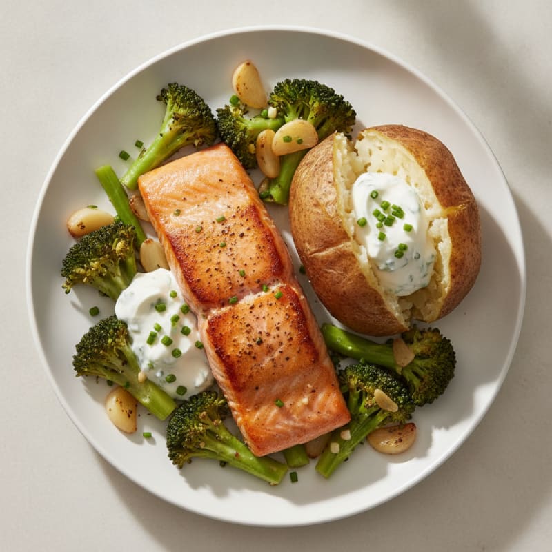 Seared Salmon Filet with Garlic Herb Veggies and Baked Potato