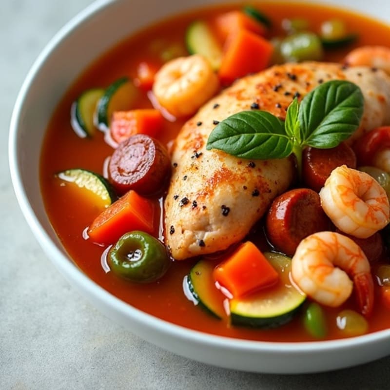 Spicy Chicken, Sausage, and Shrimp Hearty Stew with Fresh Vegetables