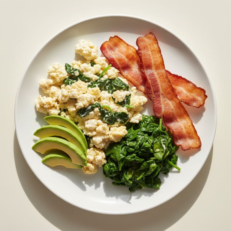 Cottage Cheese Scramble with Sautéed Spinach and Turkey Bacon