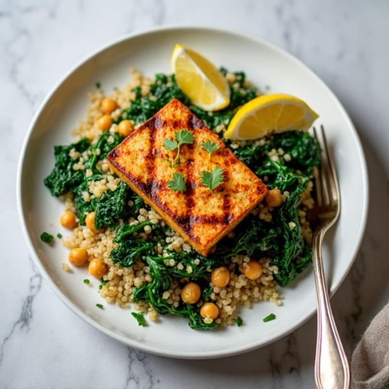 Grilled Tempeh with Herbed Quinoa and Sautéed Spinach
