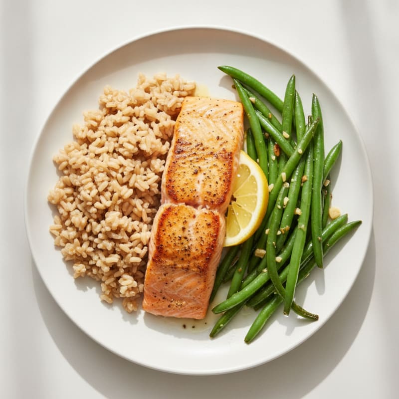 Seared Salmon Fillet with Garlic Green Beans and Brown Rice