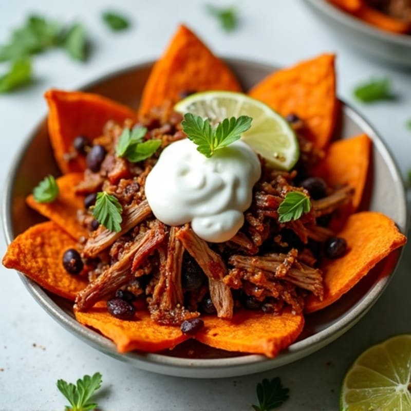 Crispy Sweet Potato Nachos with Spiced Pulled Pork