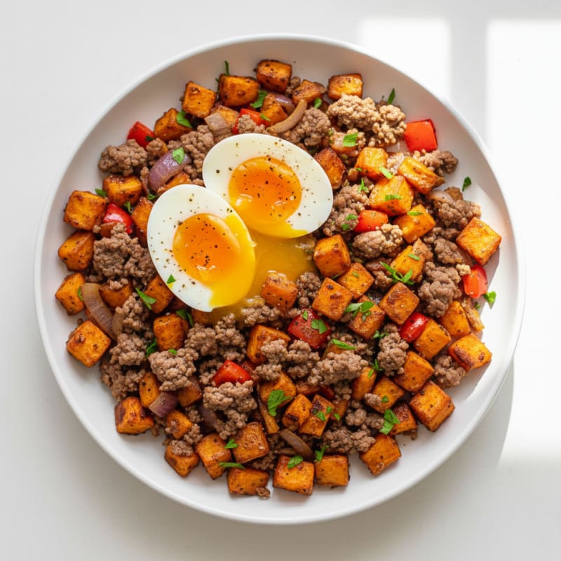 Crispy Ground Beef and Sweet Potato Hash